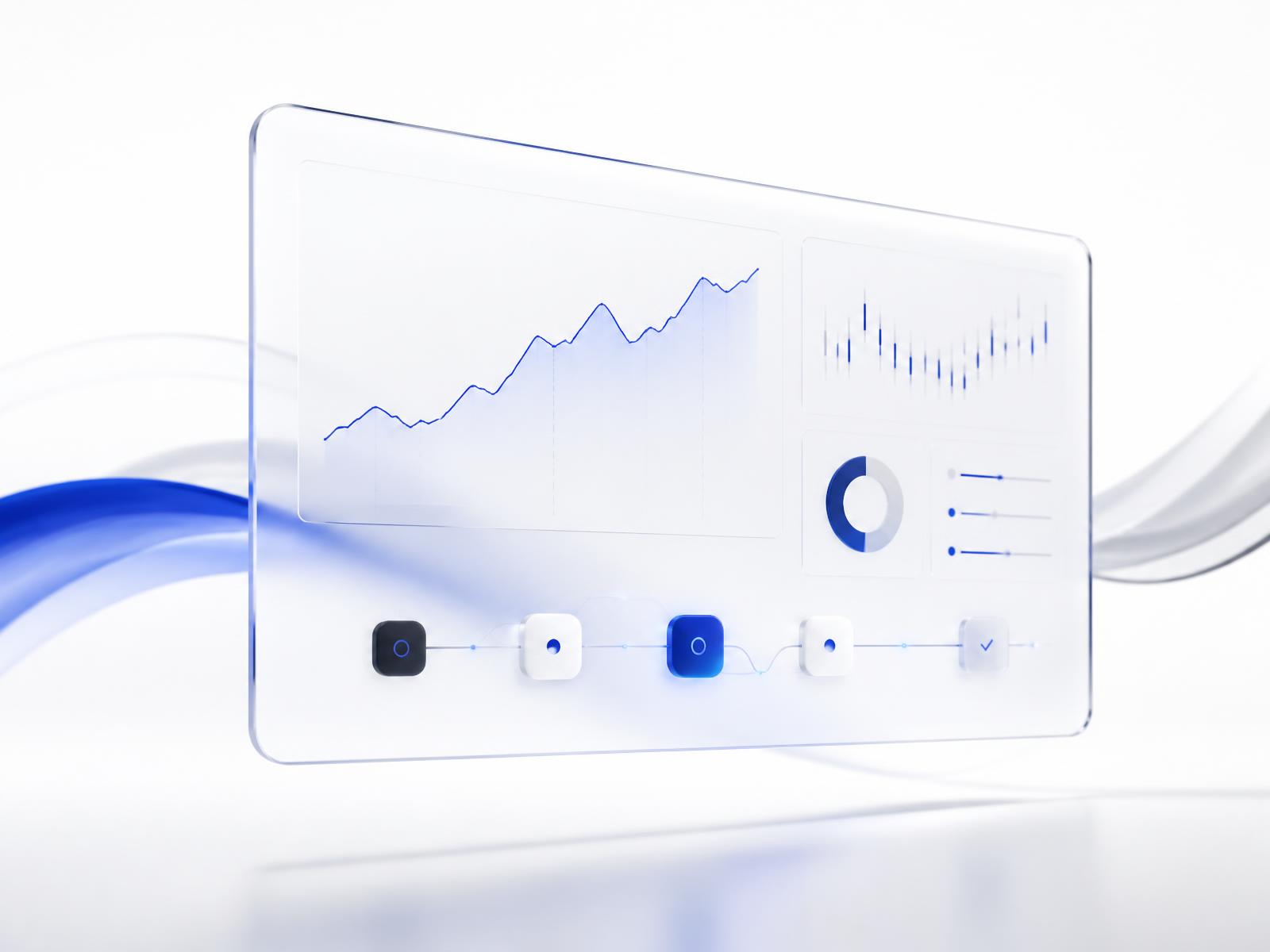Abstract glass dashboard showing organized financial reporting and a connected workflow